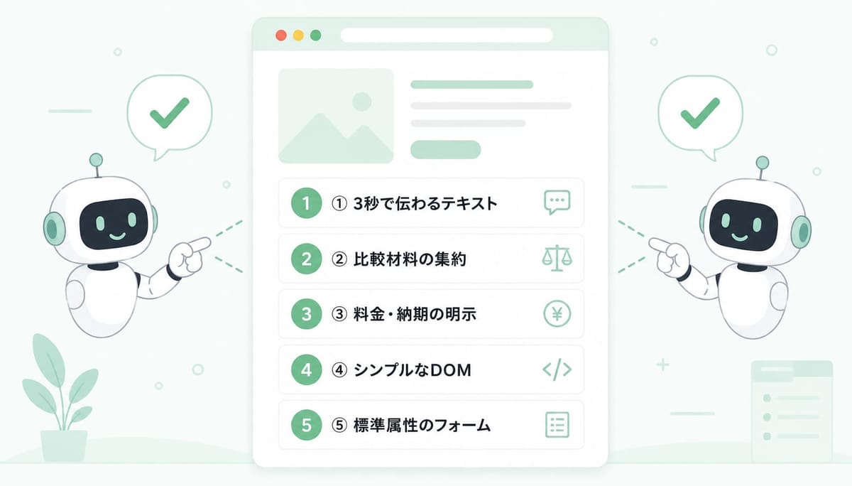 AIエージェントに選ばれるLPの5つの条件。①3秒で伝わるテキスト ②比較材料の集約 ③料金・納期の明示 ④シンプルなDOM ⑤標準属性のフォーム
